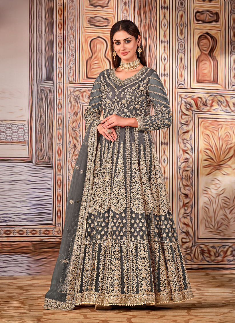 Slate Grey Net Embroidered Anarkali Suit