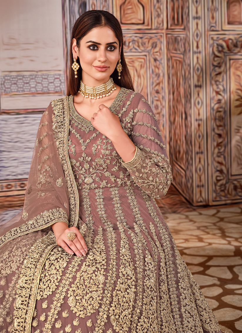 Brown Net Embroidered Anarkali Suit