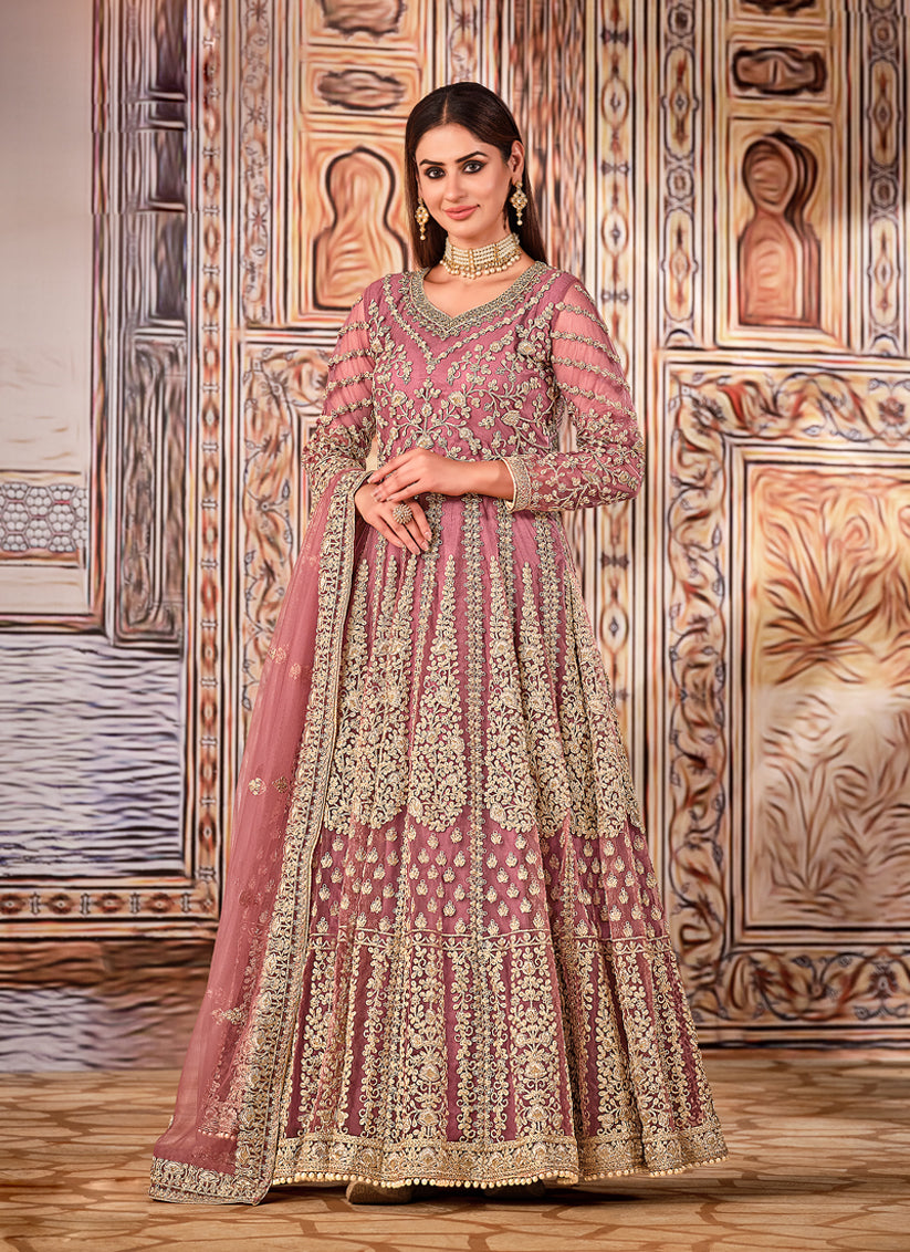Mauve Pink Net Embroidered Anarkali Suit