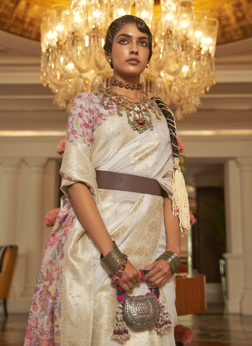 Pearl White Modal Kashmiri Pallu Saree For Festival