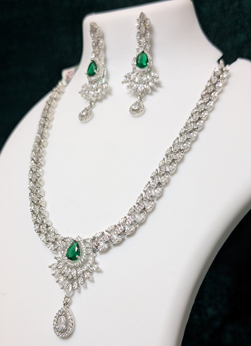 Precious Green Stone & AD Diamonds Necklace Set