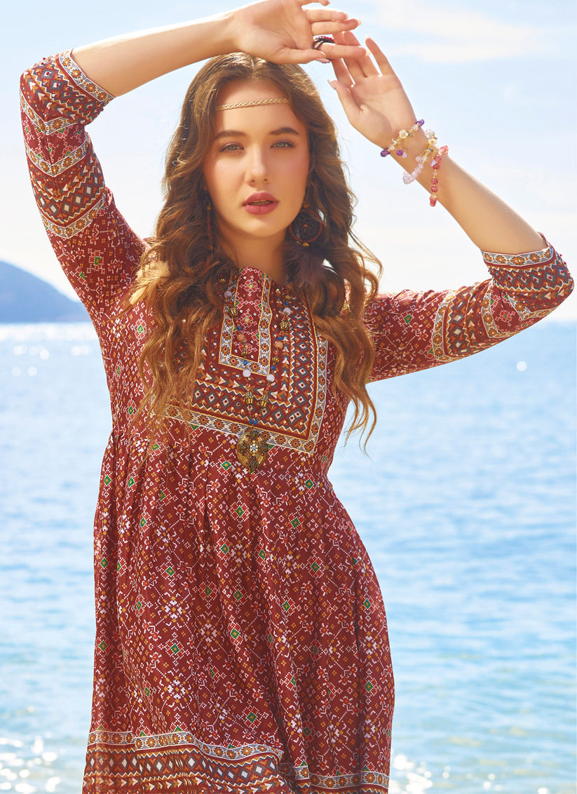 Maroon Chinnon Chiffon Short Kurti