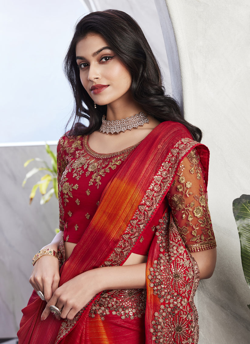 Flame Orange Saree with Embroidered Blouse