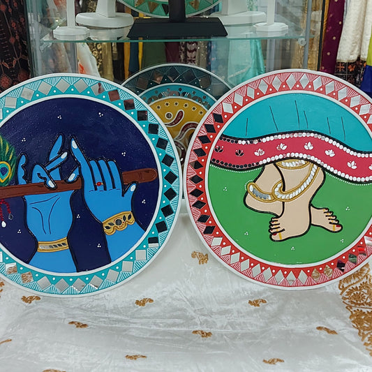 Set of 2 - Krishna Flute-Radhe Feet Lippan Art Wall Plate