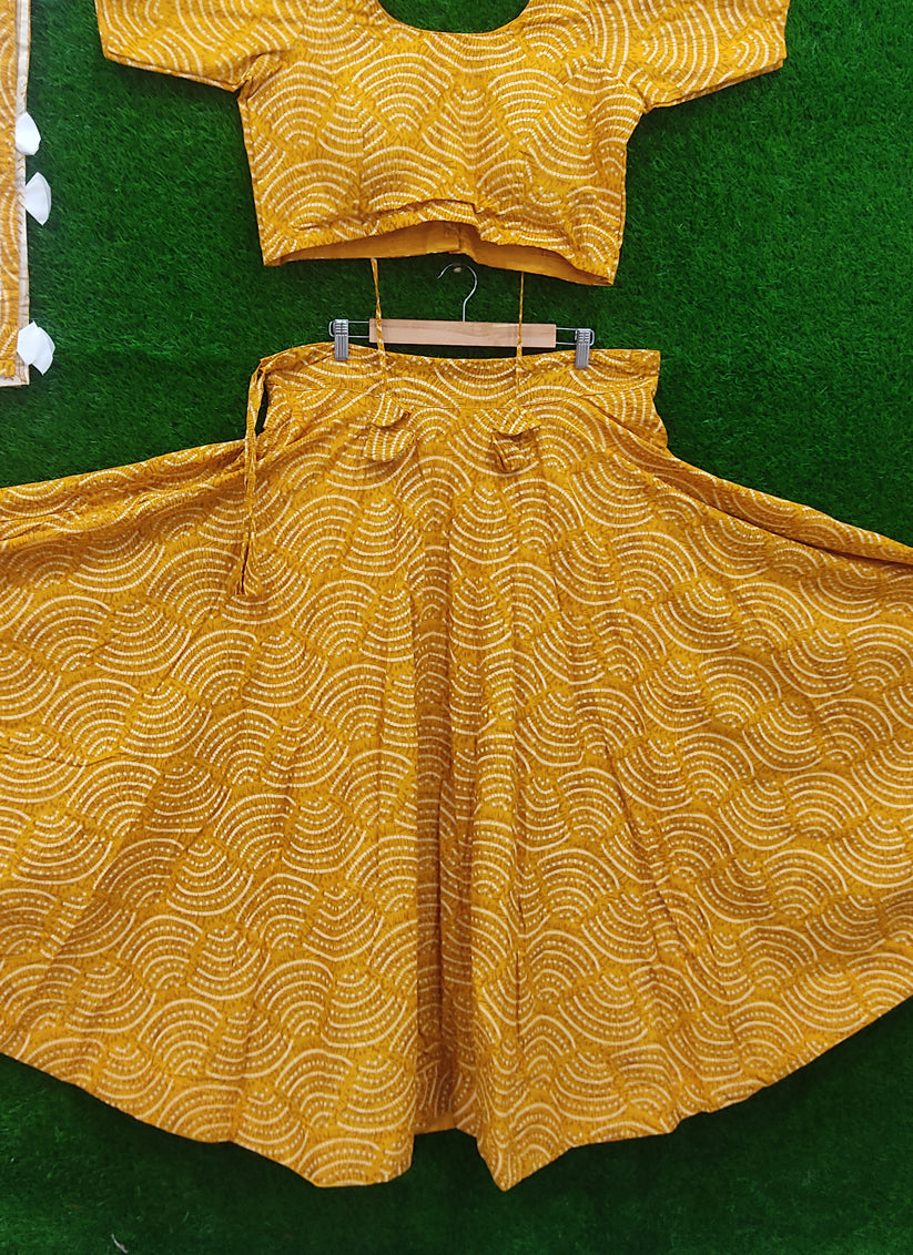 Mustard Yellow Cotton Printed Chaniya Choli