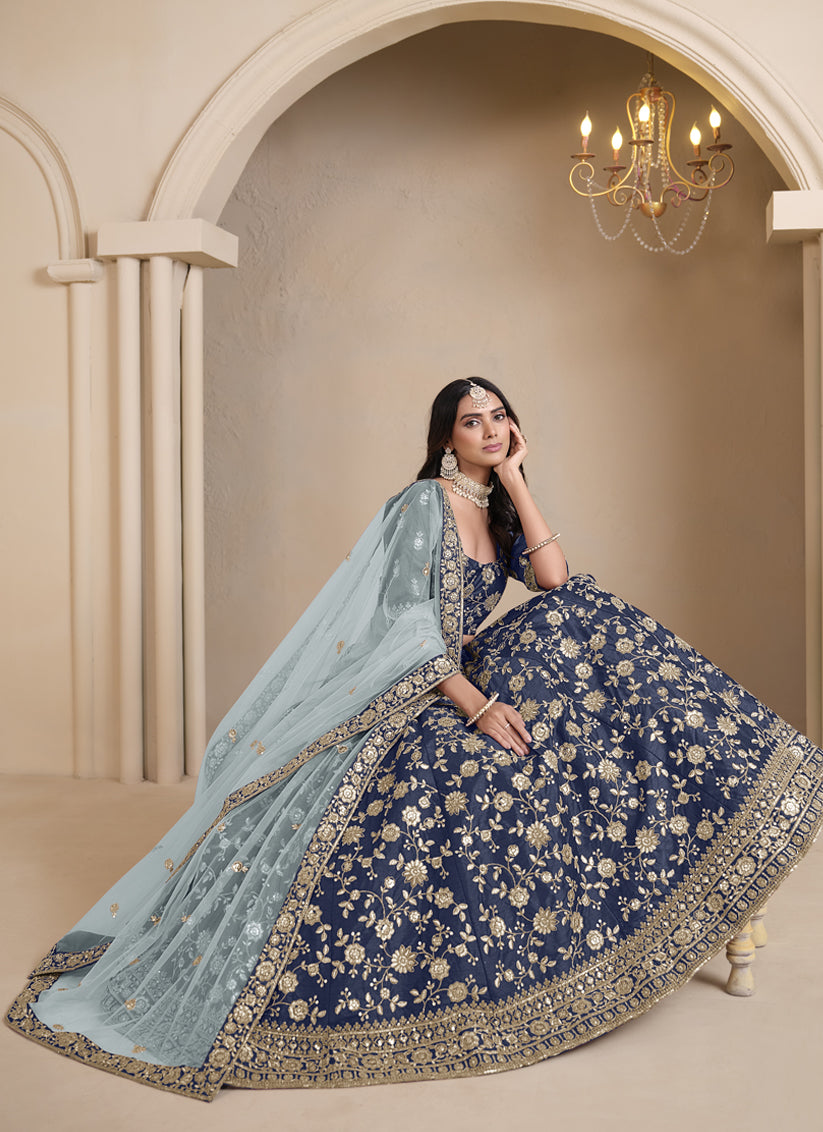 Navy Blue Art Silk Embroidered Lehenga Choli