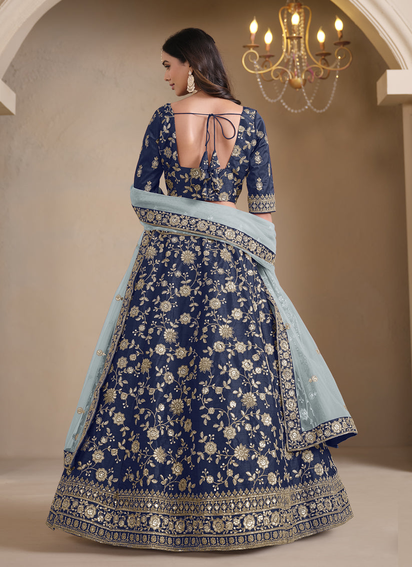 Navy Blue Art Silk Embroidered Lehenga Choli