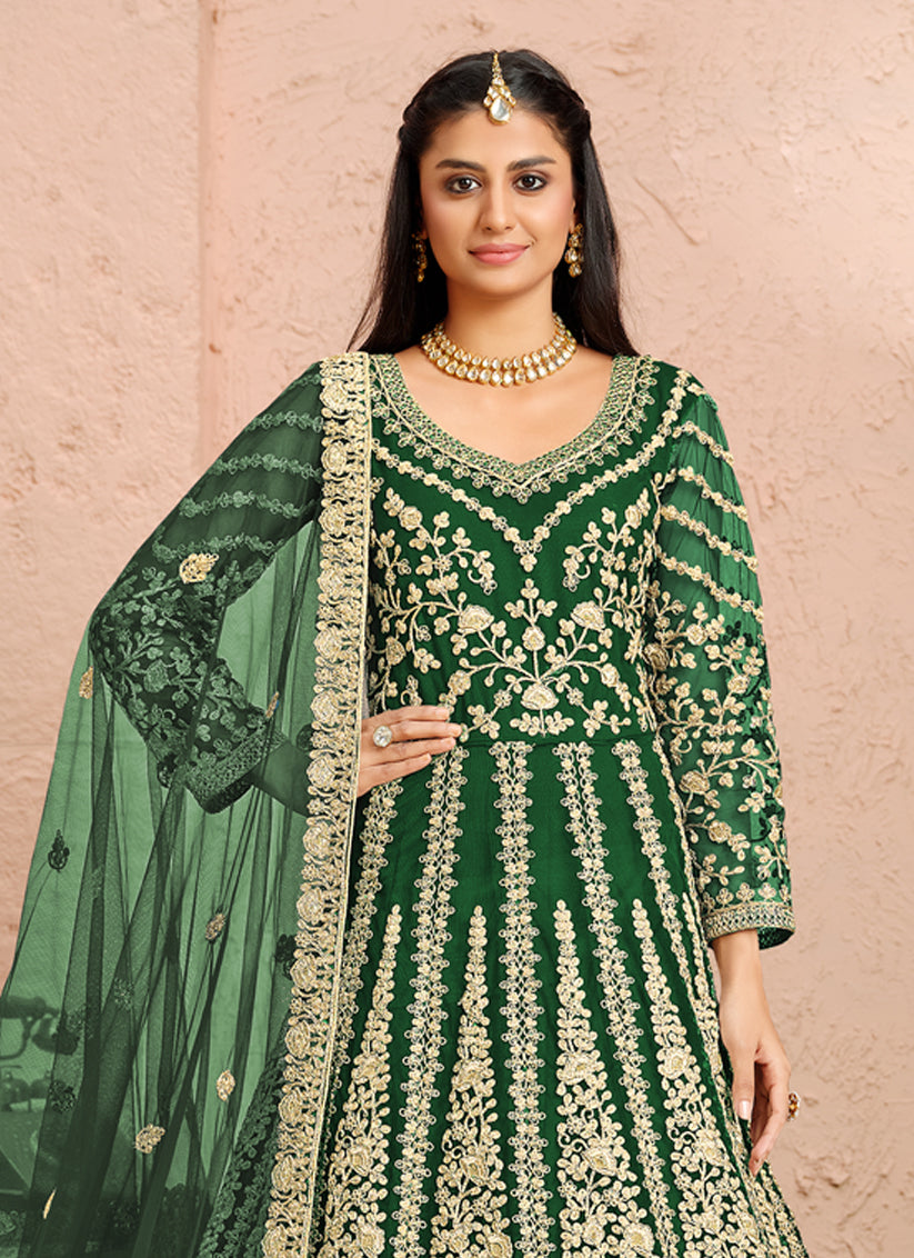 Green Net Heavy Embroidered Anarkali Suit