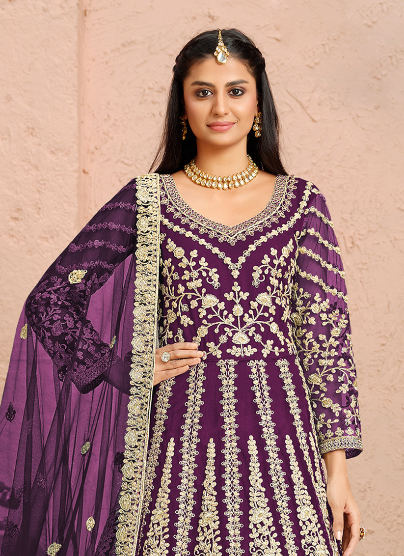 Purple Net Heavy Embroidered Anarkali Suit