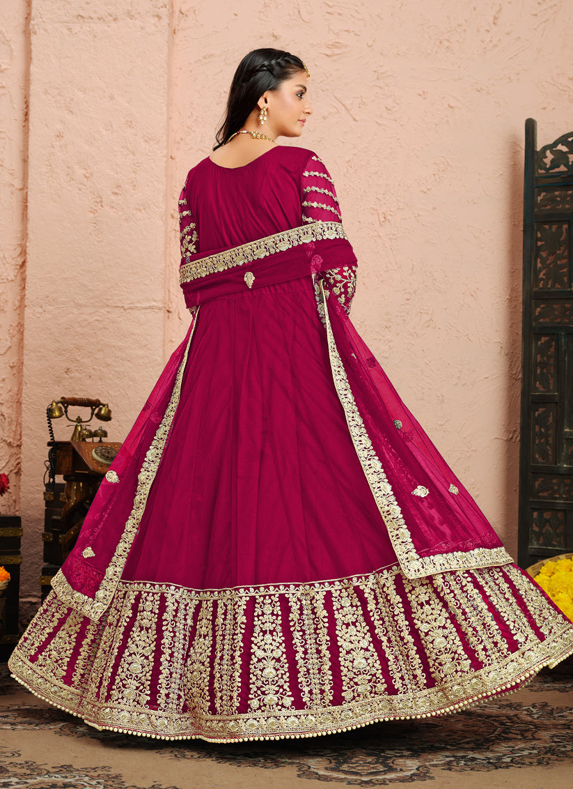 Maroon Net Heavy Embroidered Anarkali Suit