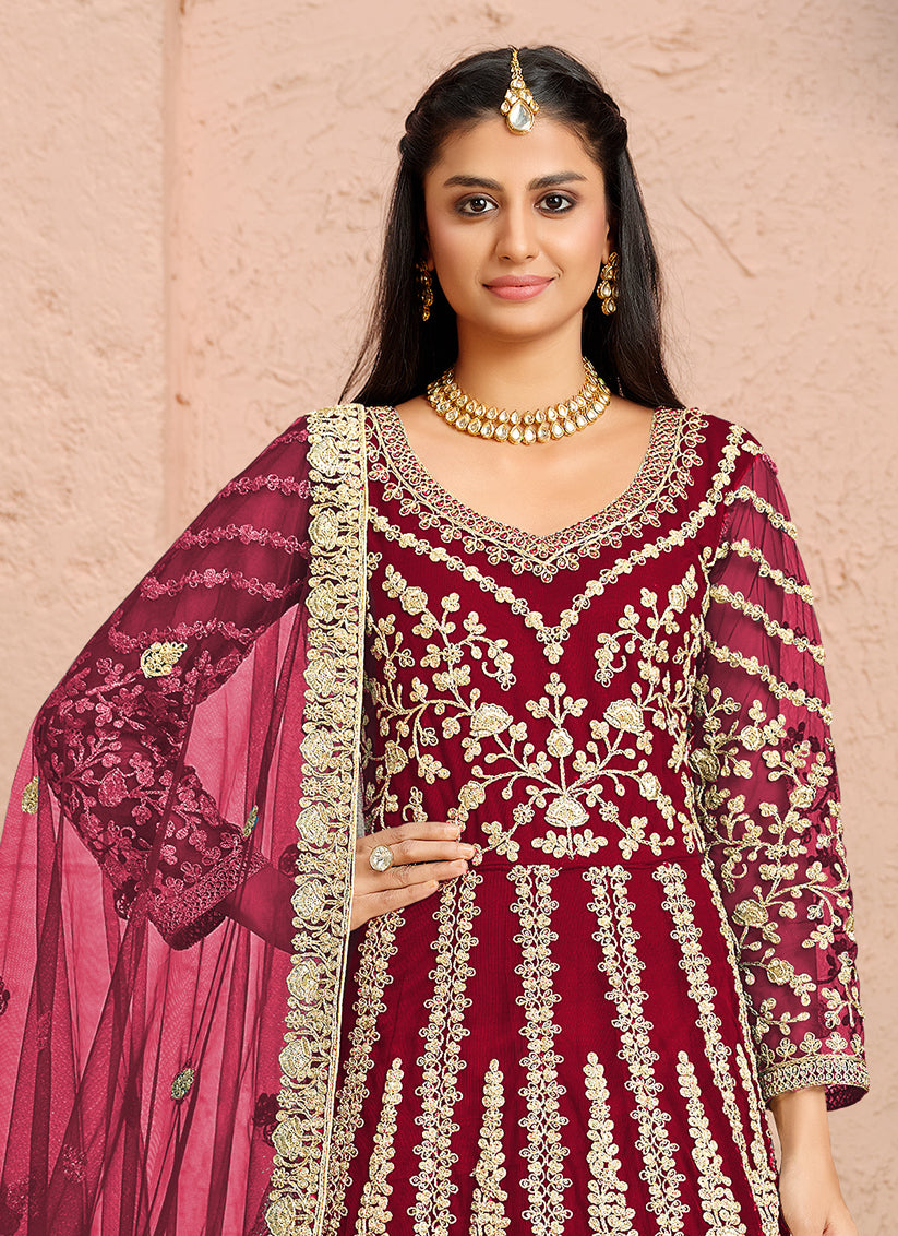 Maroon Net Heavy Embroidered Anarkali Suit