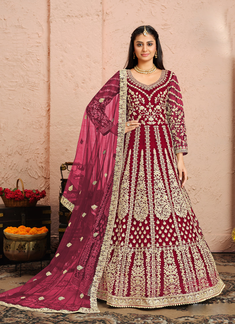 Maroon Net Heavy Embroidered Anarkali Suit