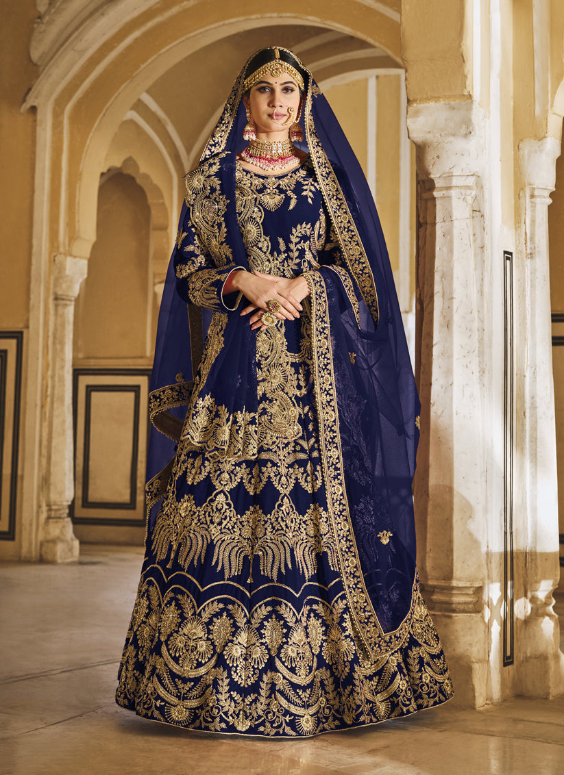 Navy blue hotsell velvet bridal lehenga