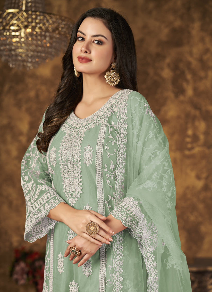 Mint Green Net Embroidered Palazzo Kameez