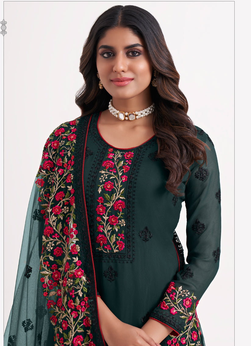 Pine Green Georgette Embroidered Pant Kameez