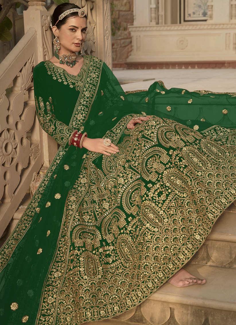Kelly Green Velvet Heavy Embroidered Anarkali Suit
