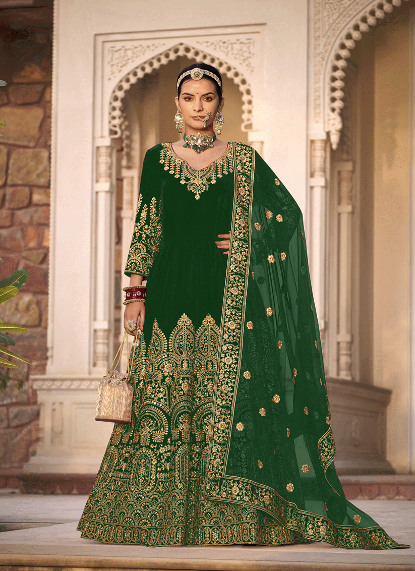 Kelly Green Velvet Heavy Embroidered Anarkali Suit