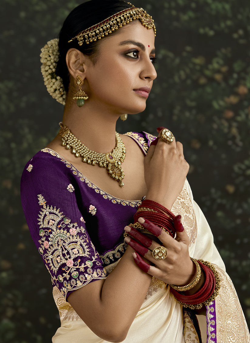 Ivory Dola Silk Embroidered Wedding Saree