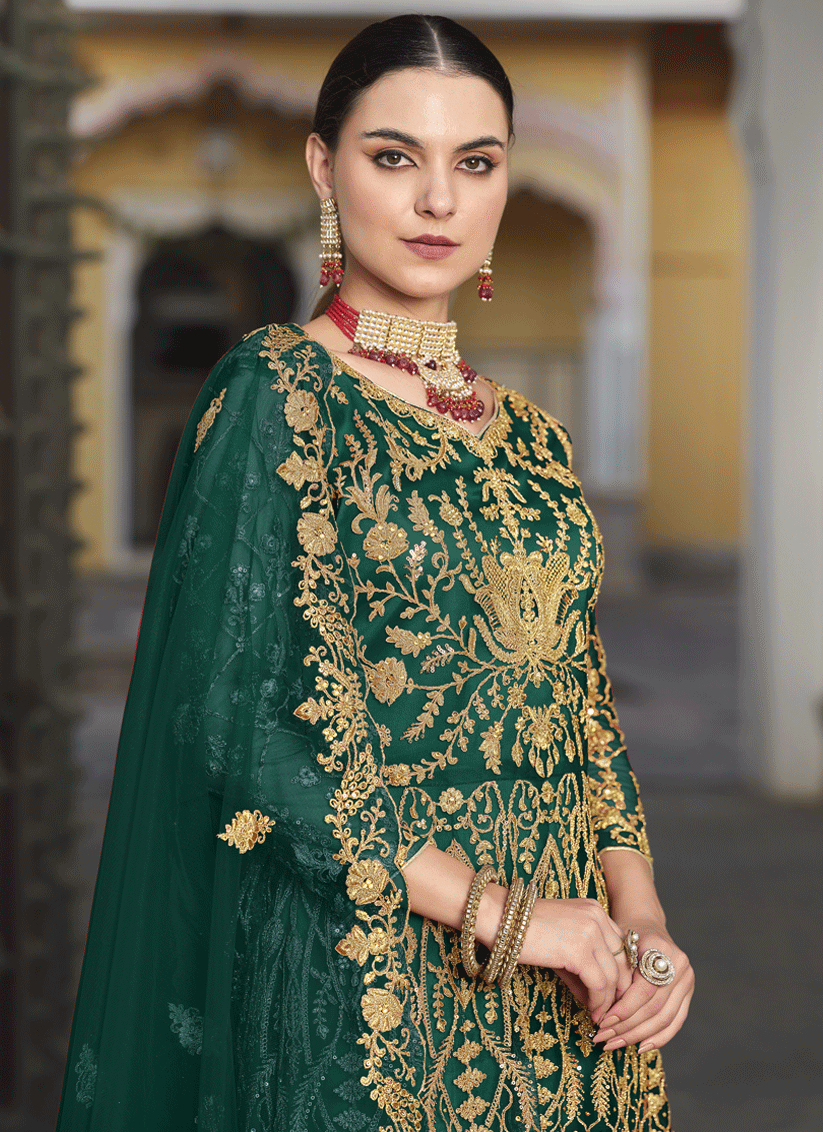 Bottle Green Heavy Embrodiered Butterfly Net Anarkali Suit