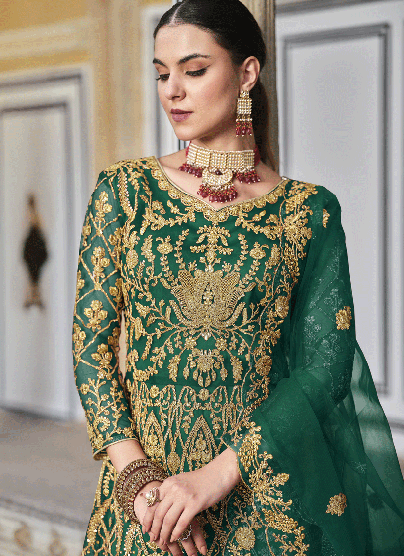 Bottle Green Heavy Embrodiered Butterfly Net Anarkali Suit