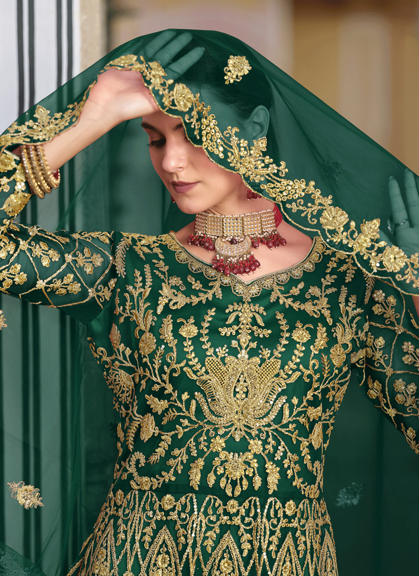 Bottle Green Heavy Embrodiered Butterfly Net Anarkali Suit