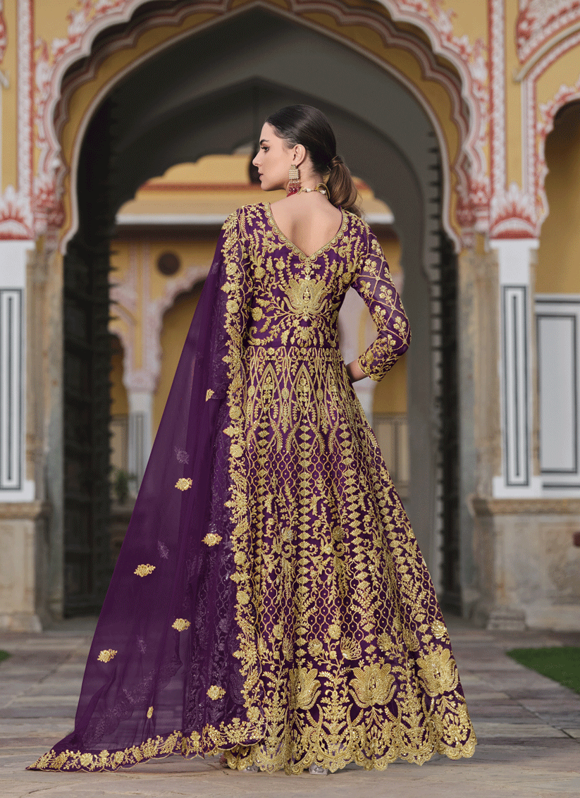 Purple Heavy Embrodiered Butterfly Net  Anarkali Suit