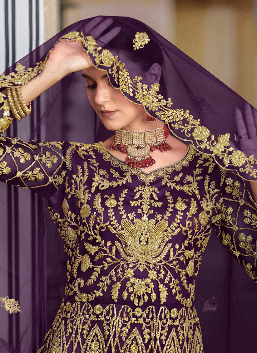 Purple Heavy Embrodiered Butterfly Net  Anarkali Suit