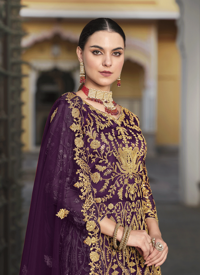 Purple Heavy Embrodiered Butterfly Net  Anarkali Suit