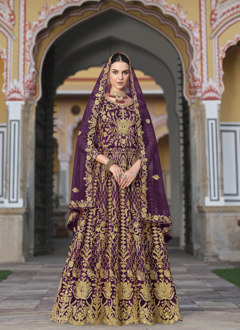Purple Heavy Embrodiered Butterfly Net  Anarkali Suit