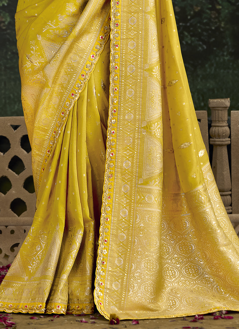 Lemon Yellow Dola Silk Embroidered Wedding Saree