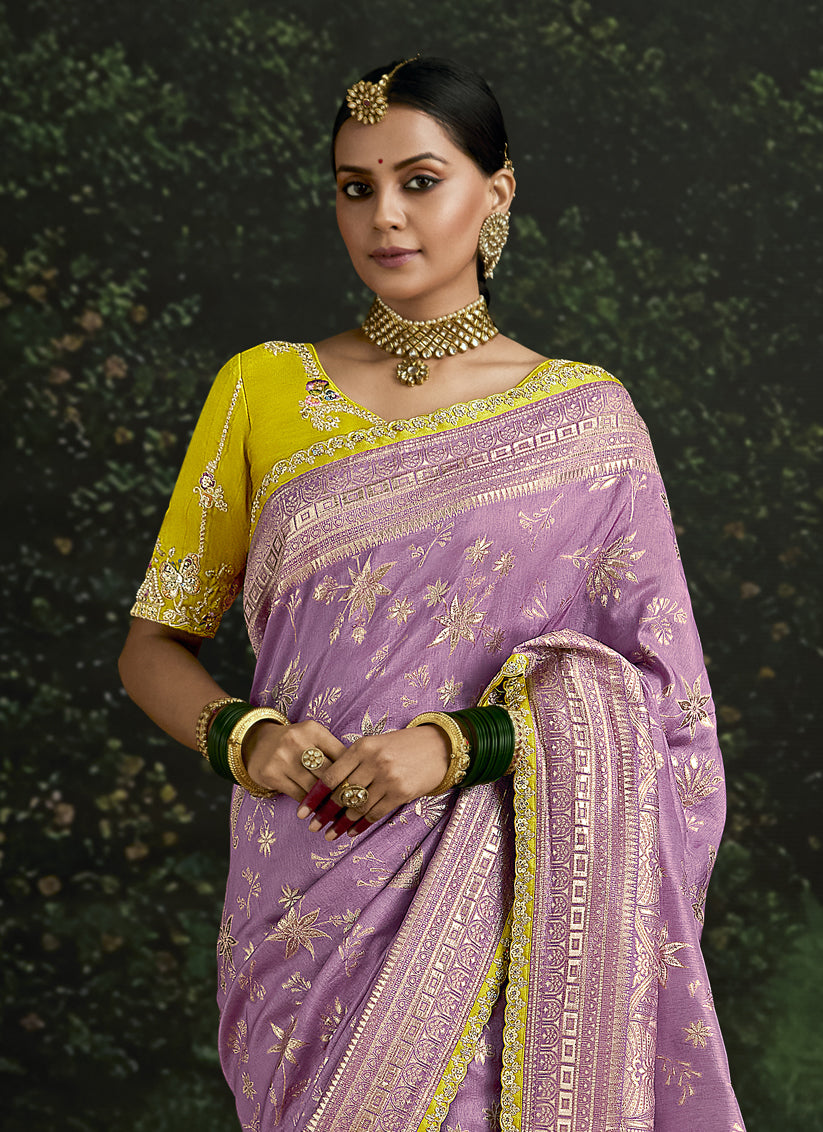 Lilac Dola Silk Embroidered Wedding Saree