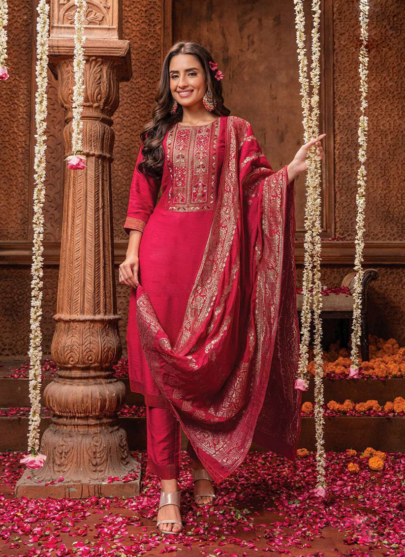 Red Viscose Nylon Hand Work Readymade Drees