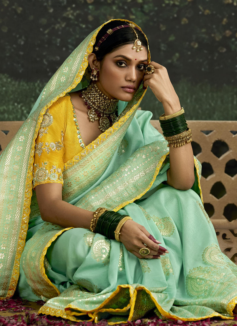 Turquoise Dola Silk Embroidered Wedding Saree