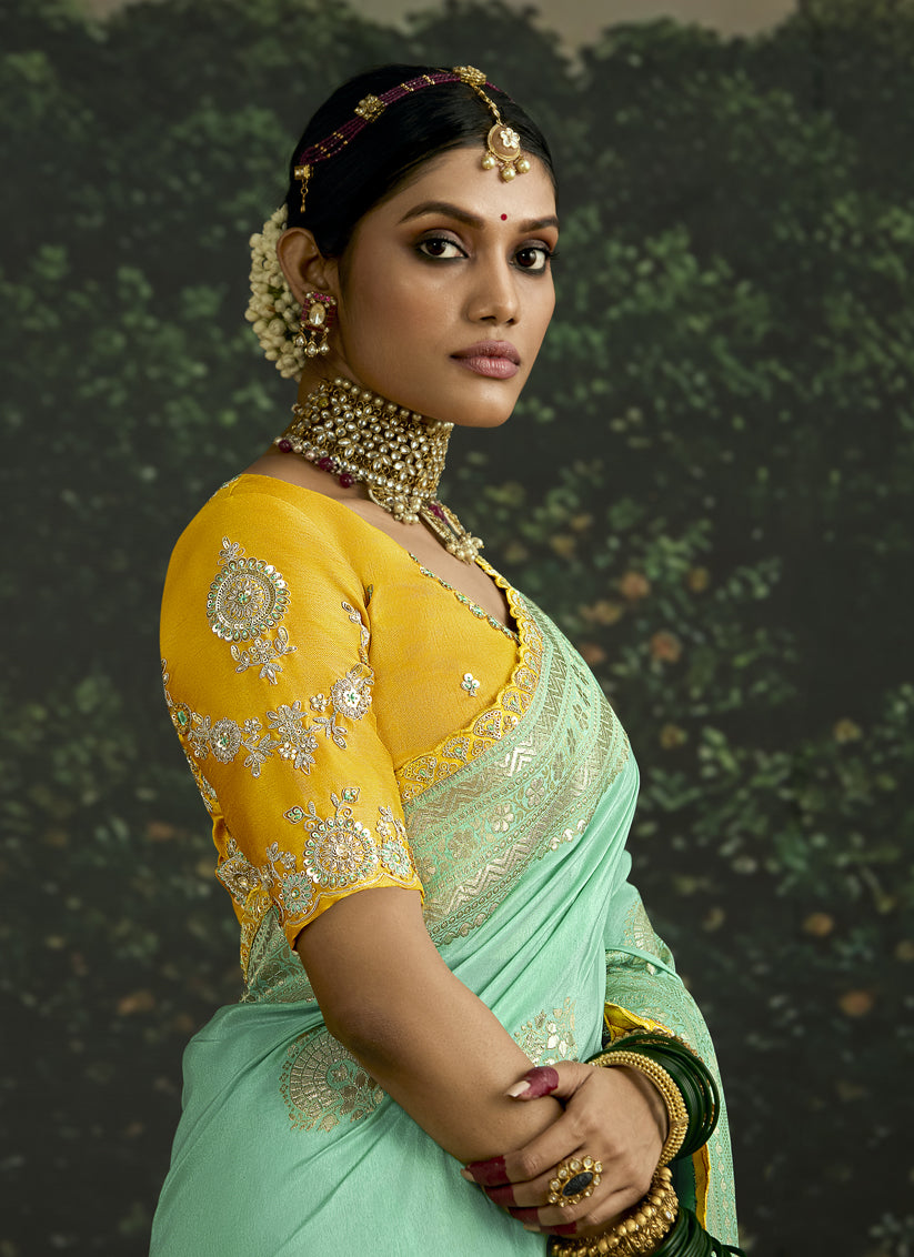 Turquoise Dola Silk Embroidered Wedding Saree