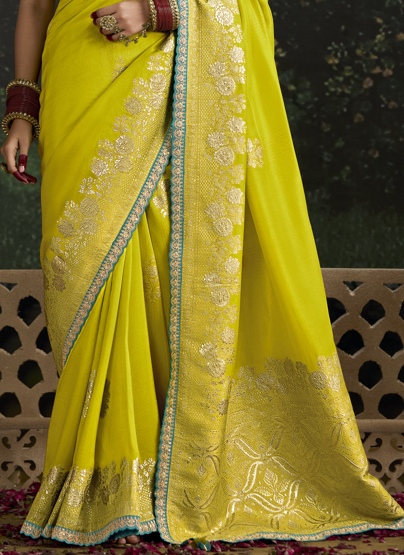 Chartreuse Dola Silk Embroidered Wedding Saree