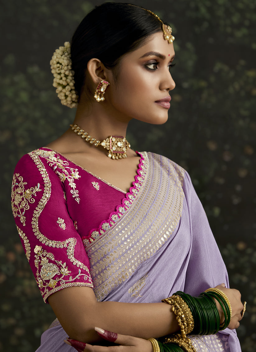 Lavender Dola Silk Embroidered Wedding Saree