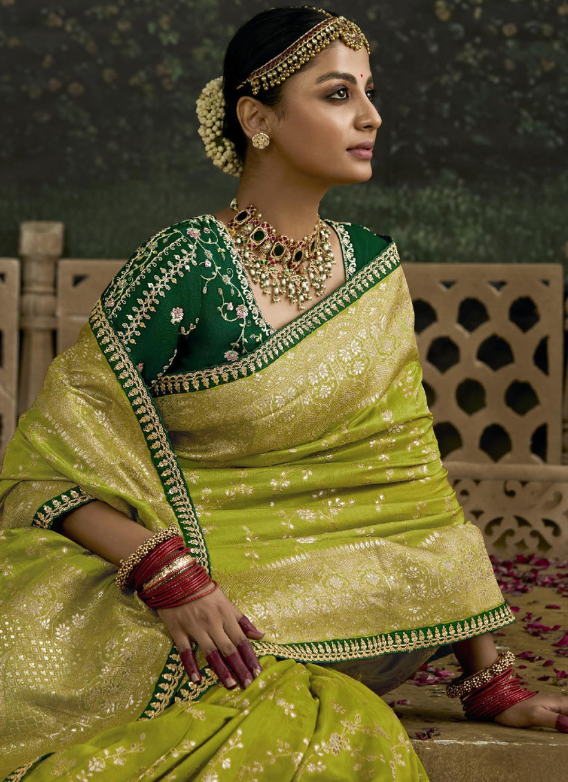 Lime Green Dola Silk Embroidered Wedding Saree