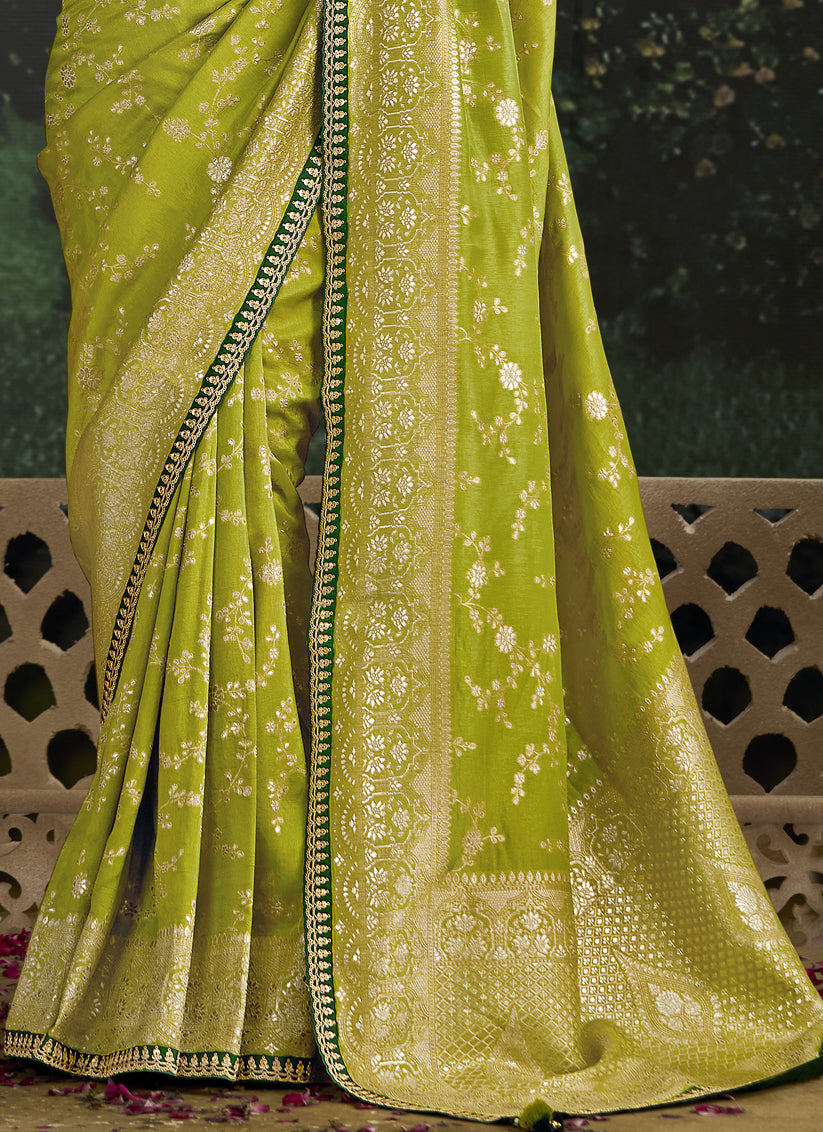 Lime Green Dola Silk Embroidered Wedding Saree