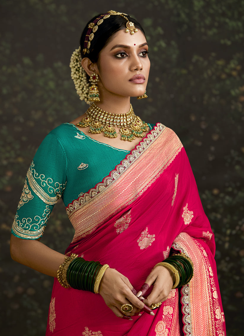 Rani Pink Dola Silk Embroidered Wedding Saree
