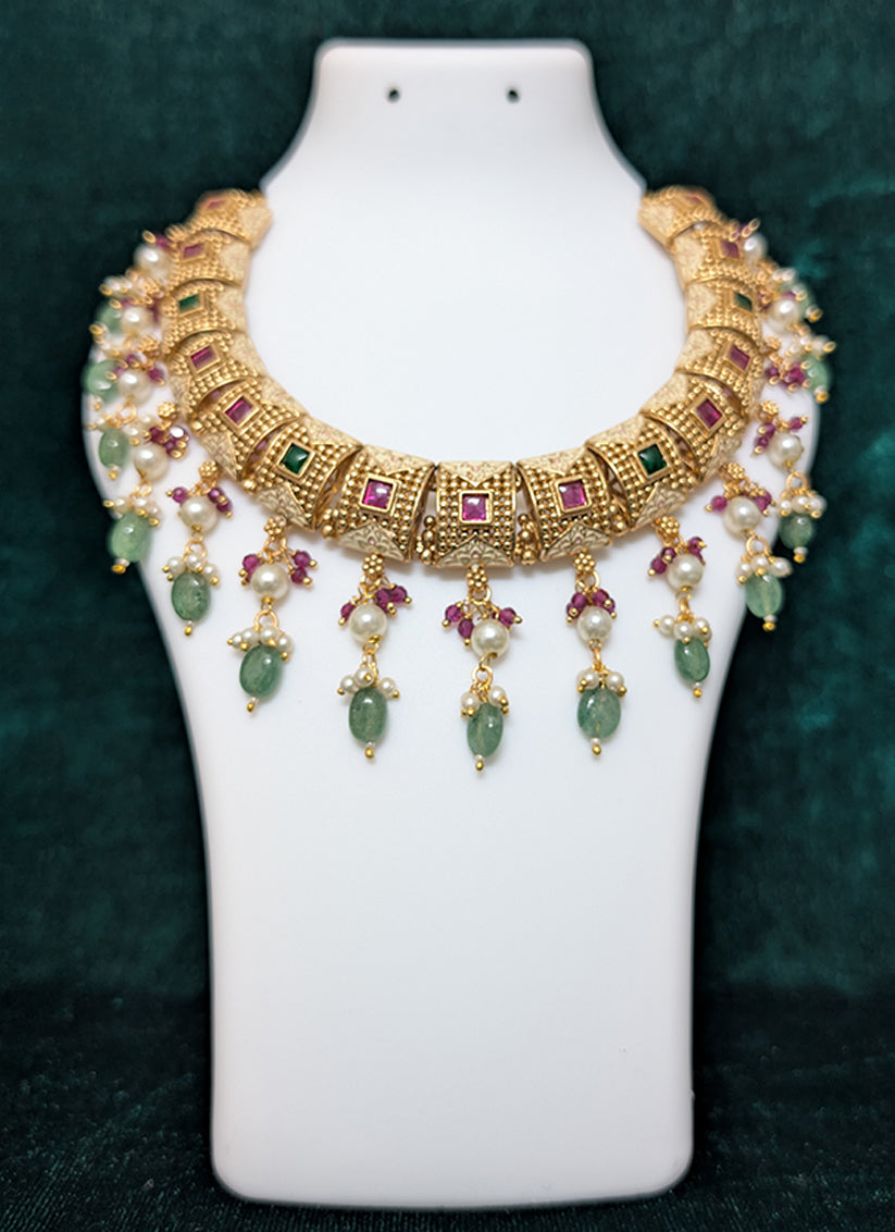 Premium Studded Pearl & Stone Heavy Necklace Set