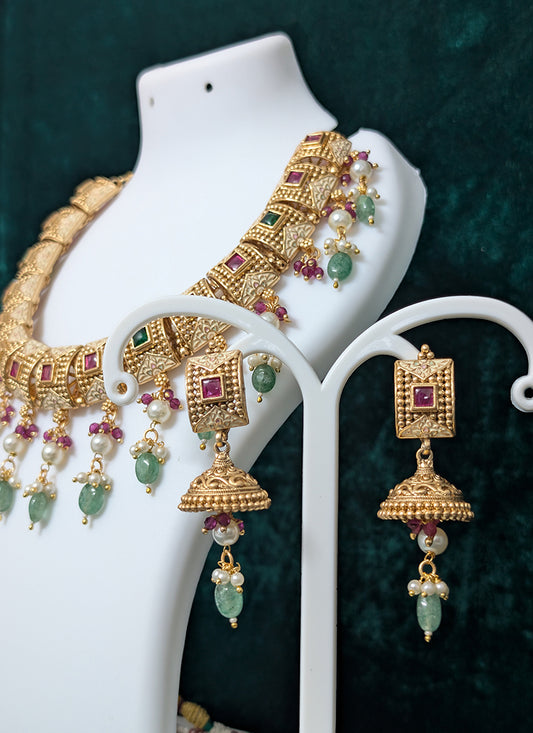 Premium Studded Pearl & Stone Heavy Necklace Set