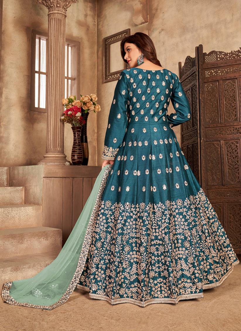 Peacock Blue Art Silk Embroidered Pant Kameez