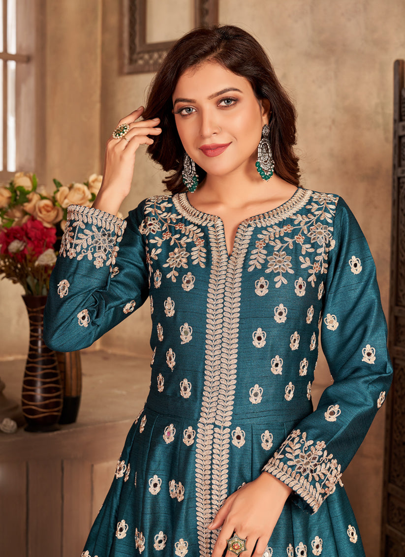 Peacock Blue Art Silk Embroidered Pant Kameez