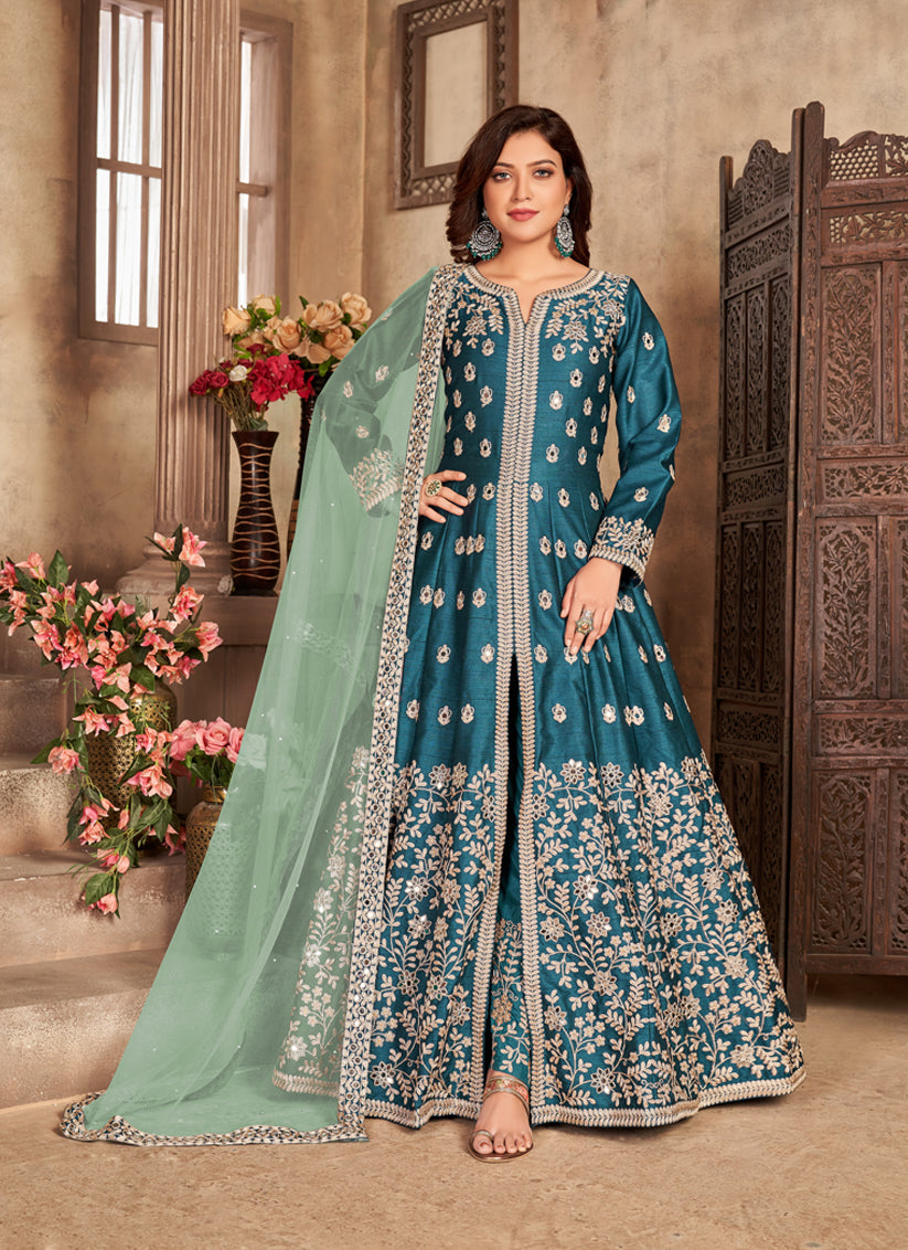 Peacock Blue Art Silk Embroidered Pant Kameez