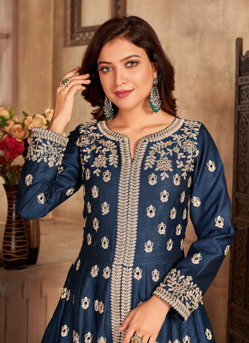 Navy Blue Art Silk Embroidered Pant Kameez