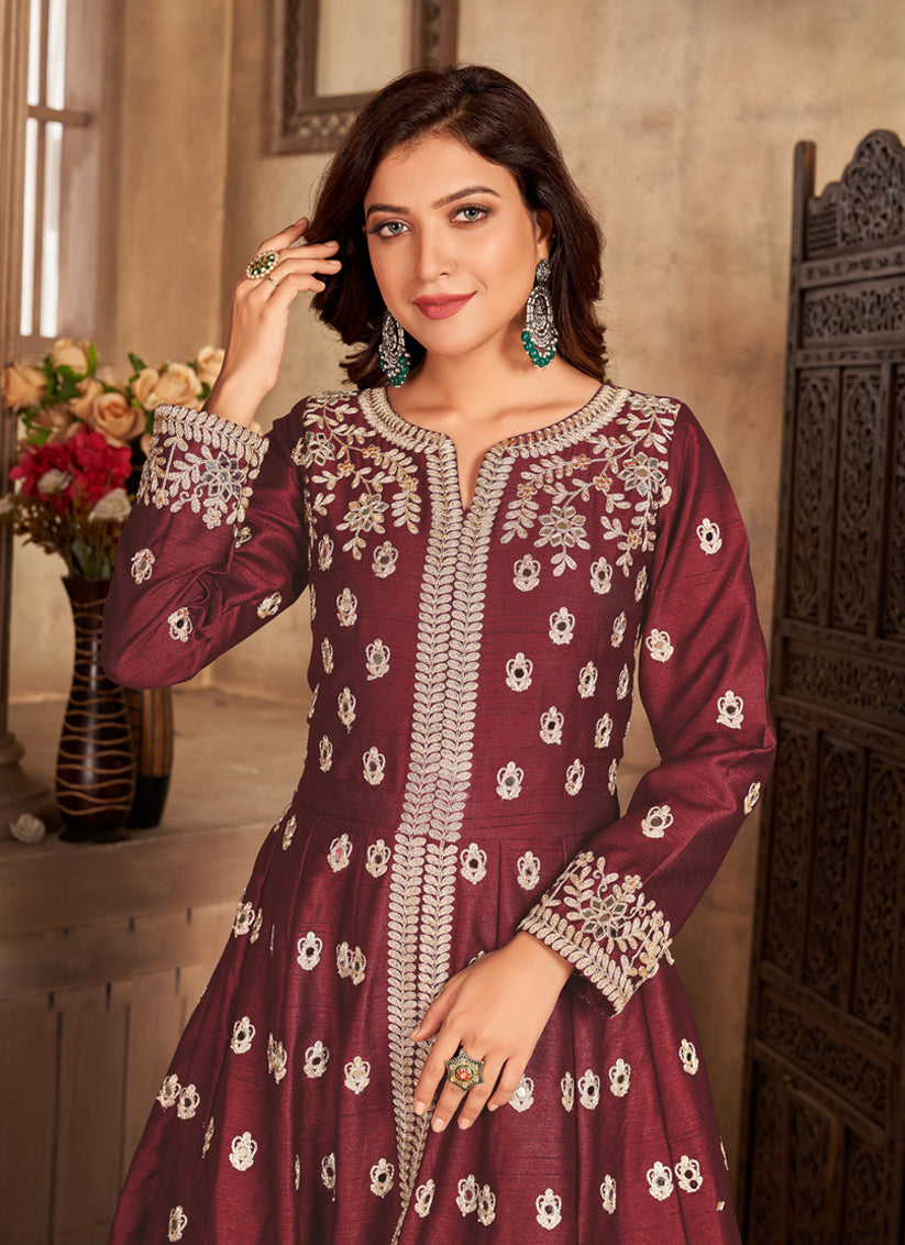 Maroon Art Silk Embroidered Pant Kameez