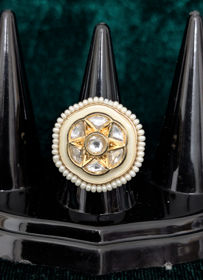 Kundan Studded and White Pearl Ring For Women