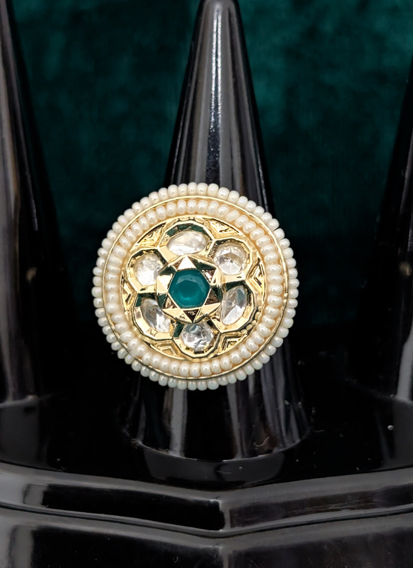 Sea Blue Kundan Studded and Pearl Ring For Women