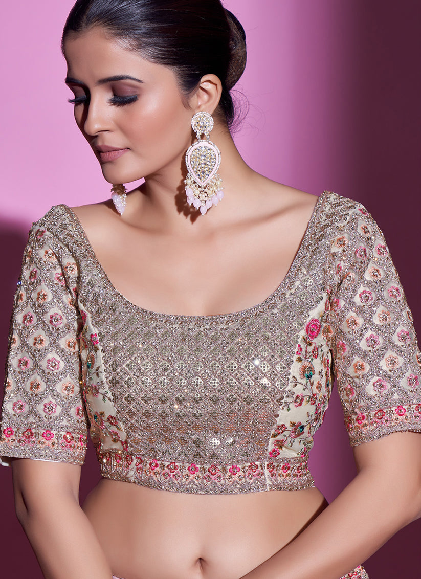 Dusty Cream Net Embroidered Designer Lehenga Choli