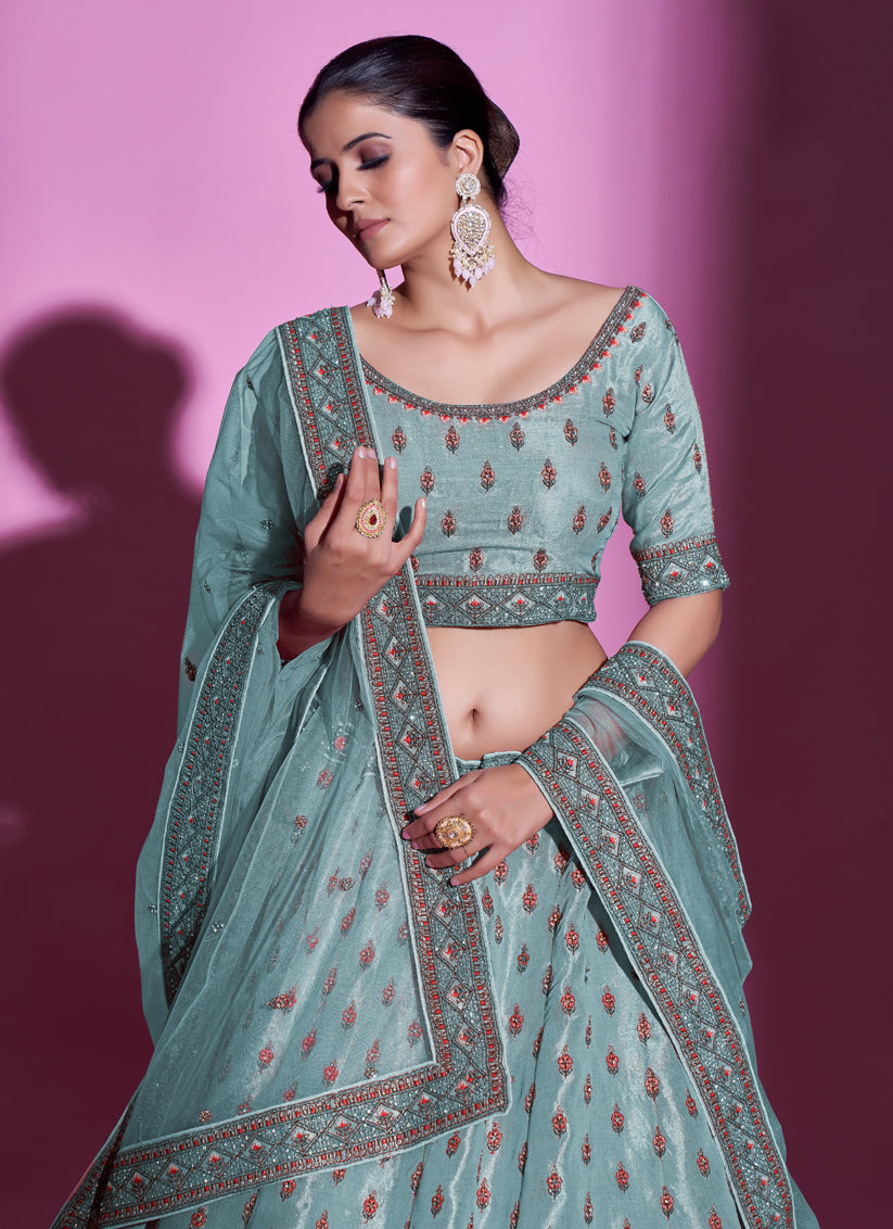 Firozi Gota Silk Embroidered Designer Lehenga Choli
